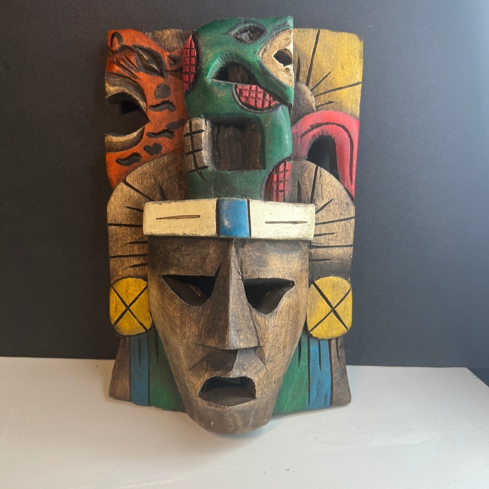 Vintage Hand Carved Mexican Mayan Aztec Wood Mask Jaguar Serpent Folk Art 8.5in